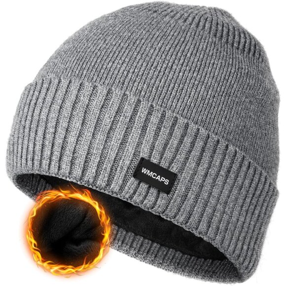 Elegant Grey Winter Beanie - Fleece Lined Knitted Skull Cap for All-Day Comfort - Picture 1 of 6